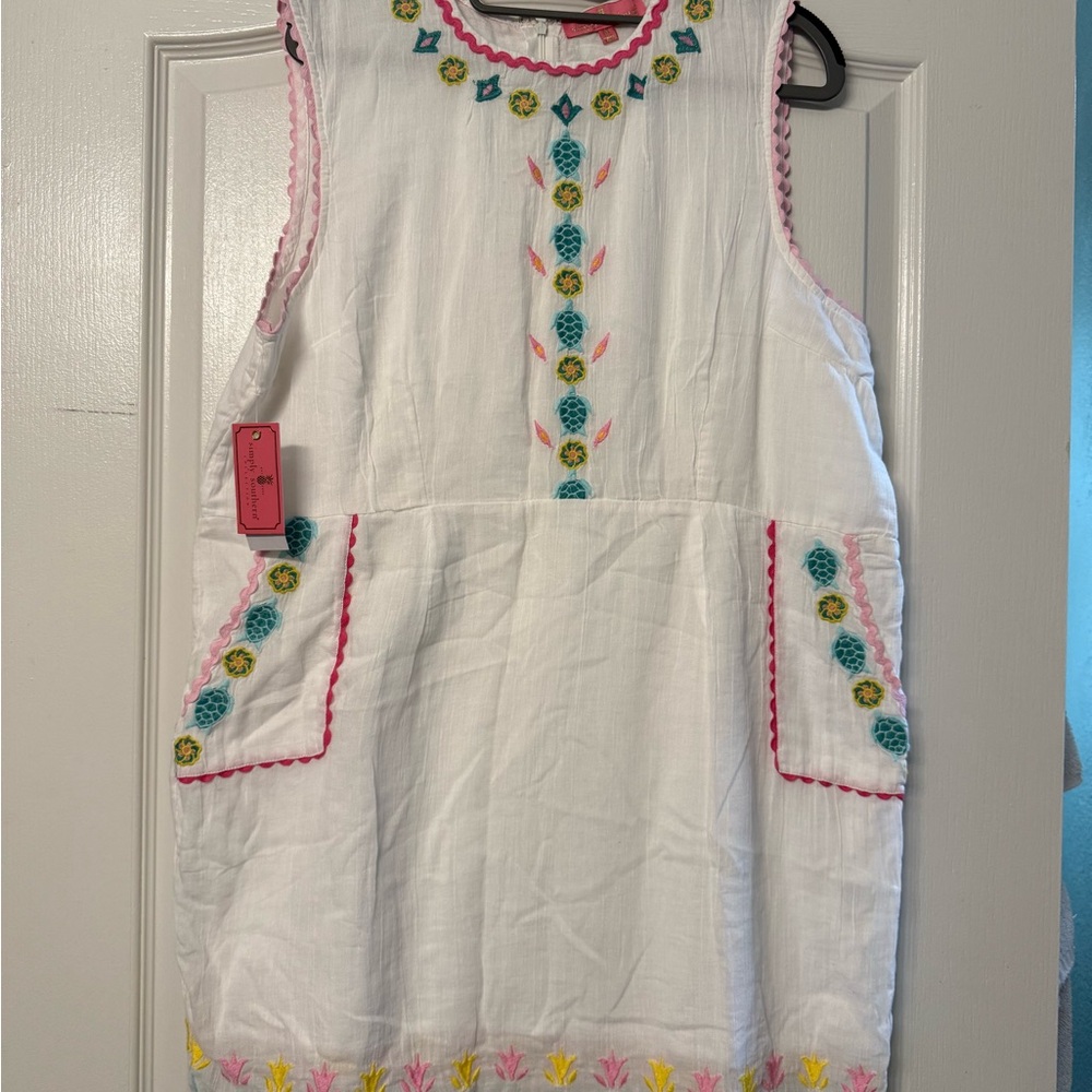 Simply Southern Embroidered Boho Shift Dress White Cottagecore Beach Tunic M
